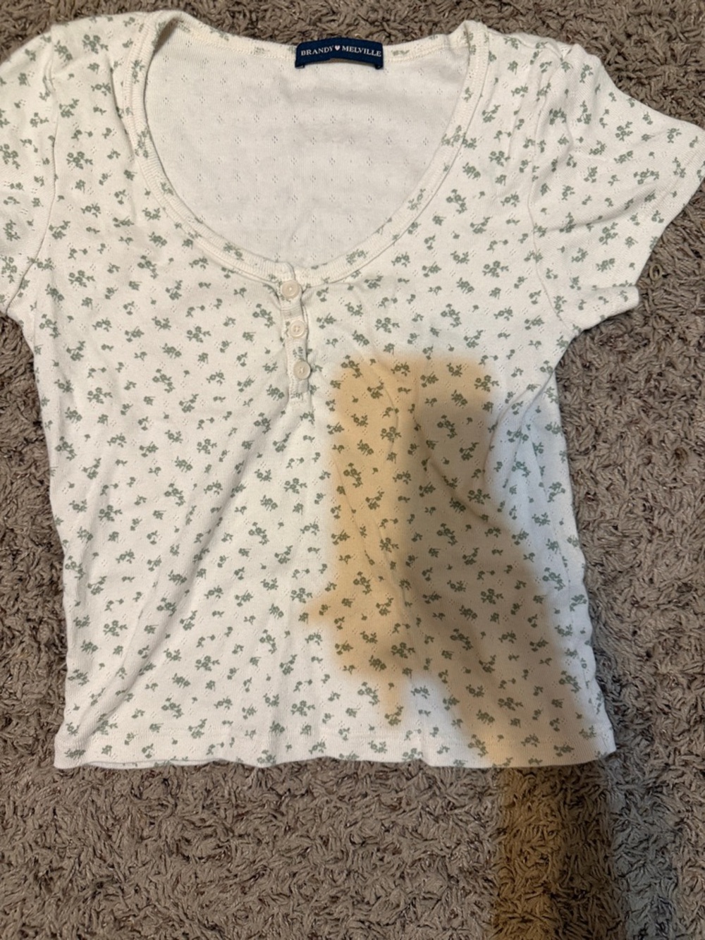 Brandy Melville White Short-Sleeve Henley Tee with Green Floral Print